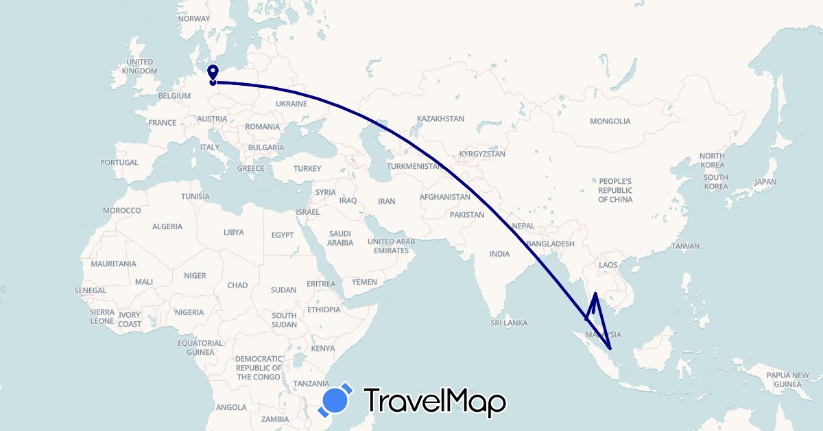 TravelMap itinerary: driving in Germany, Poland, Singapore, Thailand (Asia, Europe)